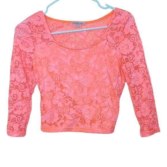 Charlotte Russe Size Medium Neon Pink Cropped Lace Top Going Out Festival Rave - Picture 1 of 10